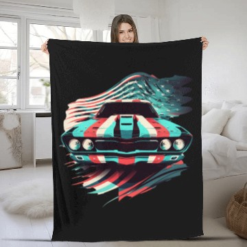Discover Muscle car american flag backround Fleece Blankets