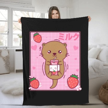 Discover Kawaii Sea Otter Strawberry Milk Shake Otaku Fleece Blankets