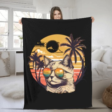 Discover Retro Cat Vintage Sunset 80s 90s Sunglasses Party Fleece Blankets