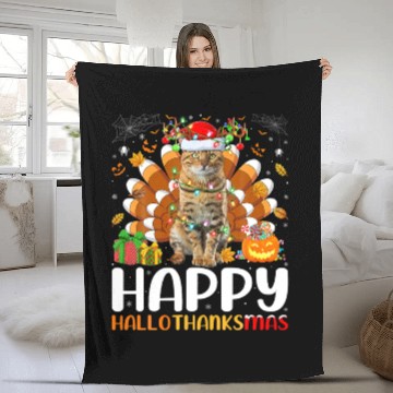 Discover Cat Lover Halloween Christmas Happy Hallothanksmas Fleece Blankets