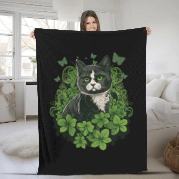 Discover Black and white cat with ivy and butterflies Fleece Blankets