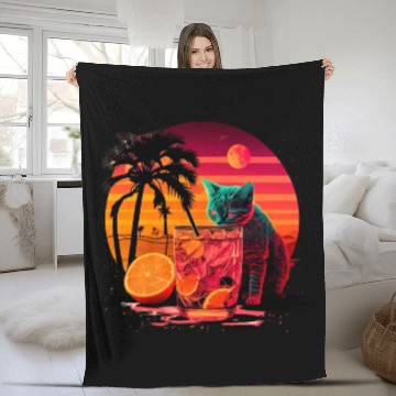 Discover Funny Cat Drinking Cocktail Cat Lover Fleece Blankets