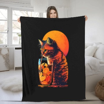 Discover Funny Cat Drinking Cocktail Cat Lover Fleece Blankets
