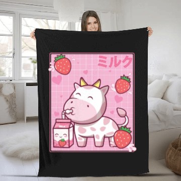 Discover Kawaii Pink Strawberry Cow Milk Shake Otaku Anime Fleece Blankets