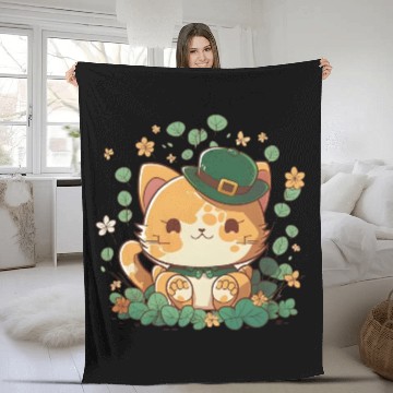 Discover Kawaii Orange Cat Funny Shamrock St Patrick's Day Fleece Blankets