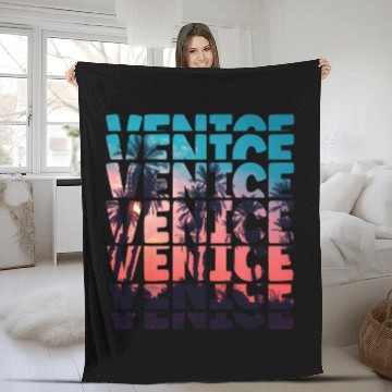 Discover Venice Beach California Vacation Ocean Palm Tree Fleece Blankets