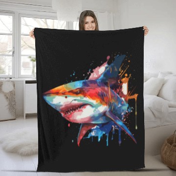 Discover Watercolor Shark Colorful Great White Shark Lover Fleece Blankets
