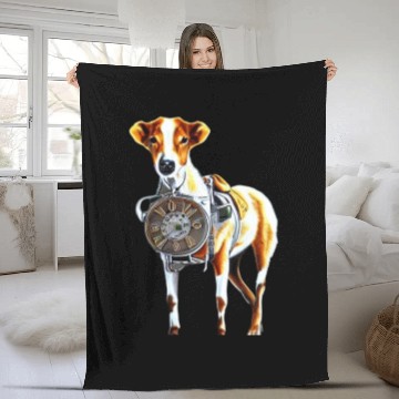Discover Brown White Greyhound Dog With Old Looking Clock Fleece Blankets