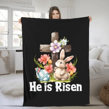 Discover He Is Risen Cute Bunny Christianity Cross Fleece Blankets