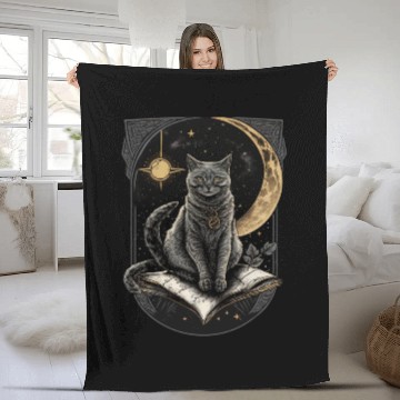 Discover The Moon Tarot Card Celestial Cat Occult Ritual Fleece Blankets