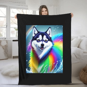 Discover Husky dog with rainbow splashes of colors Fleece Blankets