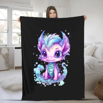Discover Cute aqua and purple watercolor dragon Fleece Blankets