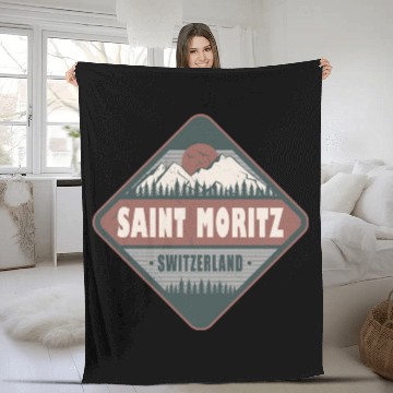 Discover Saint Moritz Switzerland Vintage Hiking Design Fleece Blankets
