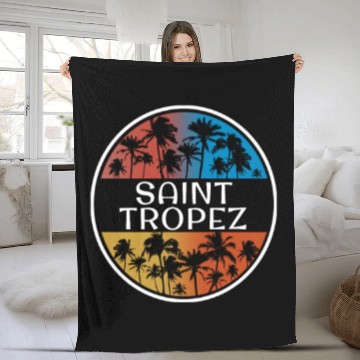 Discover Saint Tropez Stylish Vacation Souvenir Palm Tree Fleece Blankets