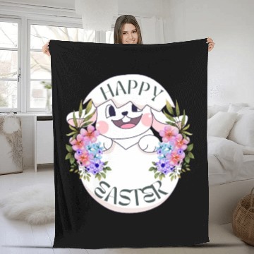 Discover Happy Easter Bunny with Flowers Fleece Blankets