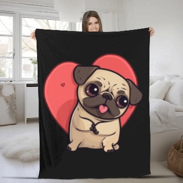 Discover Cute Pug in Love, Big Heart Fleece Blankets