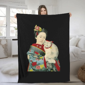 Discover Geisha Cat Kimono Japanese Vintage Art Fleece Blankets