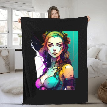 Discover Technicolor Dreams Cyberpunk Girl in Vibrant Hues Fleece Blankets