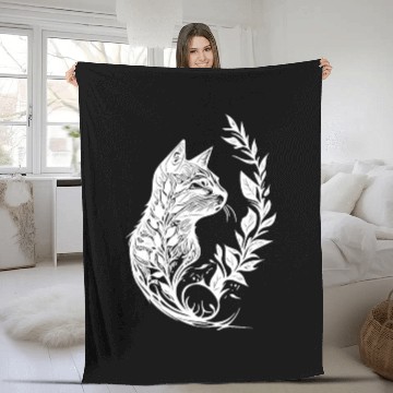Discover Cute Little Cat In Nature Tattoo Style Fleece Blankets