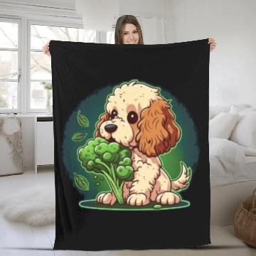 Discover Cute dog eats green broccoli vegetables Fleece Blankets