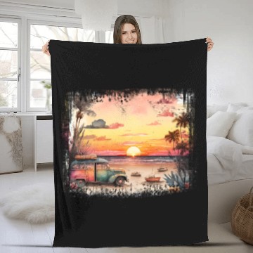 Discover Beach Sunset Watercolor Design Art 2 Fleece Blankets