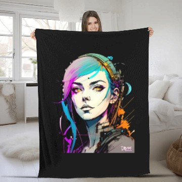 Discover A Digital Diva Stunning Cyberpunk Beautiful Girl Fleece Blankets