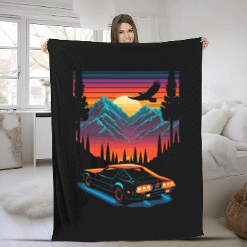 Discover 1980s Muscle Car and Retro Neon Mountain Sunset Fleece Blankets