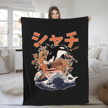 Discover The Great Orca Killer Whale Ramen (Japanese Text) Fleece Blankets