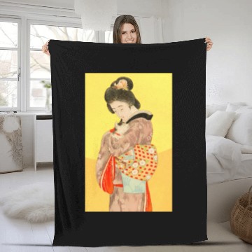 Discover Geisha in Kimono with Cat Retro art Fleece Blankets