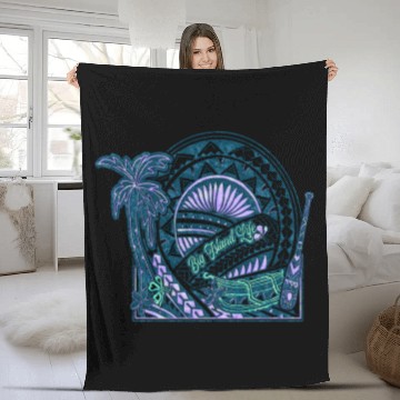 Discover Big Island Outrigger Canoe Teal Tribal Fleece Blankets