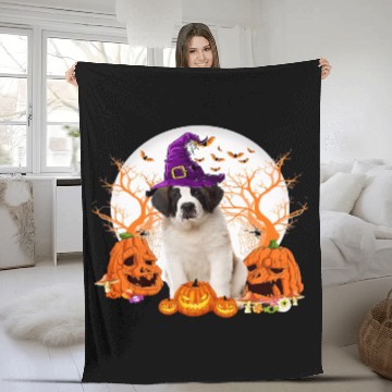 Discover Dog Halloween Saint Bernard Dog Jack O Lantern Fleece Blankets