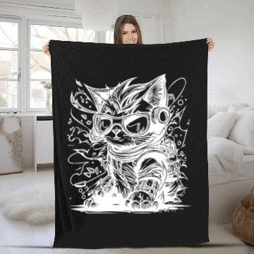 Discover Little Cool Space Cat Splash Tattoo Style Fleece Blankets