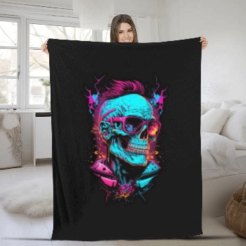 Discover Hipster retro 80s skull neon trend punk metal rock Fleece Blankets