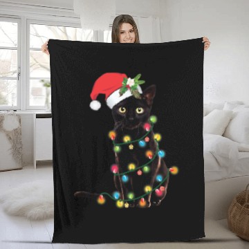 Discover Black Santa Cat Tangled Up In Lights Christmas Fleece Blankets