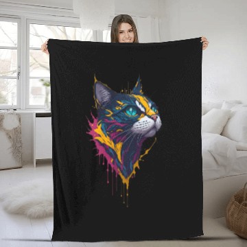 Discover Blue-Eyed Graffiti Cat Head Painting Fleece Blankets