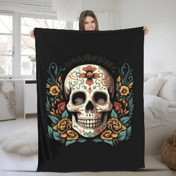 Discover Skull Dia de los Muertos Halloween Tattoo Fleece Blankets