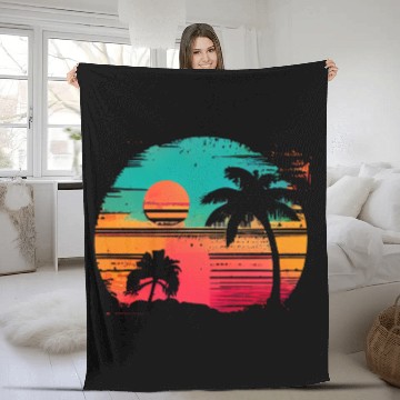 Discover Vintage Retro Sunset Watercolor Beach Vacation 8 Fleece Blankets