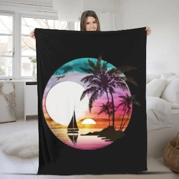 Discover Beach Sunset Sailboat Palm Trees Ocean Vacation 3 Fleece Blankets