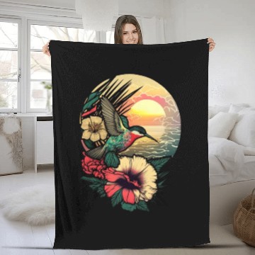 Discover Hummingbird flies over hibiscus flower Tropical Fleece Blankets