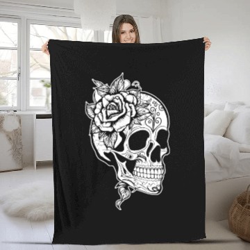 Discover Skull Dia de los Muertos Halloween Tattoo Rose Fleece Blankets