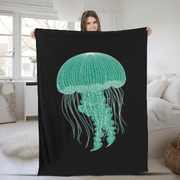 Discover Sea life, Green Jellyfish Fleece Blankets