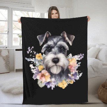 Discover Schnauzer Dog Watercolor Floral Fleece Blankets