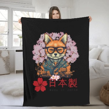 Discover Adorable Fox Sitting in Front of a Blooming Sakura Fleece Blankets