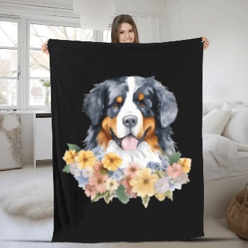 Discover Bernese Mountain Dog Watercolor Floral Fleece Blankets
