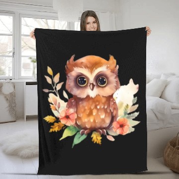 Discover Brown Owl Forest Animal Watercolor Floral Fleece Blankets