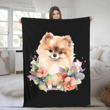 Discover Pomeranian Dog Watercolor Floral Fleece Blankets