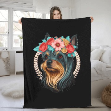 Discover Cute Yorkshire Terrier Flower Crown Pet Dog Breed Fleece Blankets