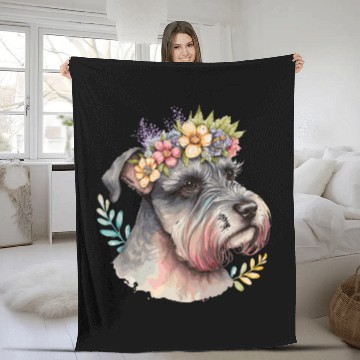 Discover Cute Miniature Schnauzer Flower Crown Pet Dog Flor Fleece Blankets