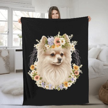 Discover Cute Pomeranian Pom Flower Crown Pet Dog Breed Flo Fleece Blankets