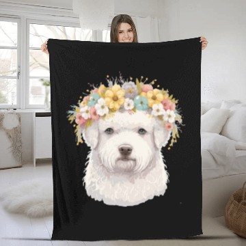 Discover Cute Bichon Frise Flower Crown Pet Dog Breed Flora Fleece Blankets